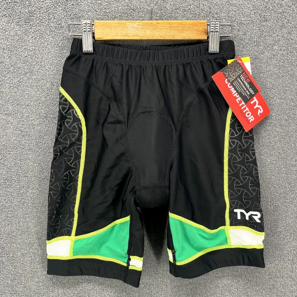TYR‎ Competitor 9 Inch Tri Short Mens XS Triathlon Padded Grippers Black Green